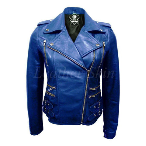 Brando Style Glossy Blue Genuine Leather Women's Jacket - Military Republic