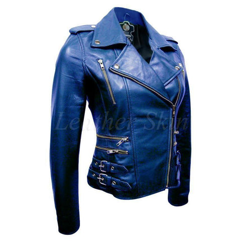 Brando Style Glossy Blue Genuine Leather Women's Jacket - Military Republic
