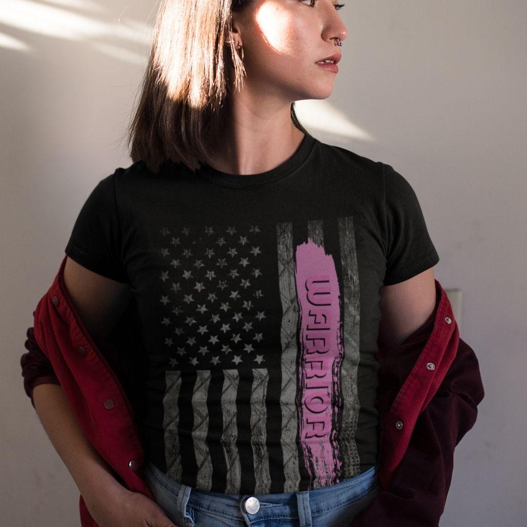 Breast Cancer Warriors Pink Flag Patriotic T-shirt - Military Republic