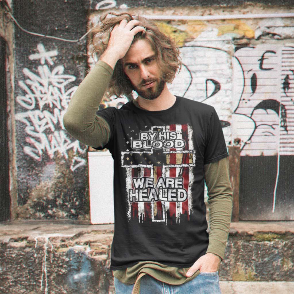 By His Blood We Are Health Flag & Cross T-shirt - Military Republic