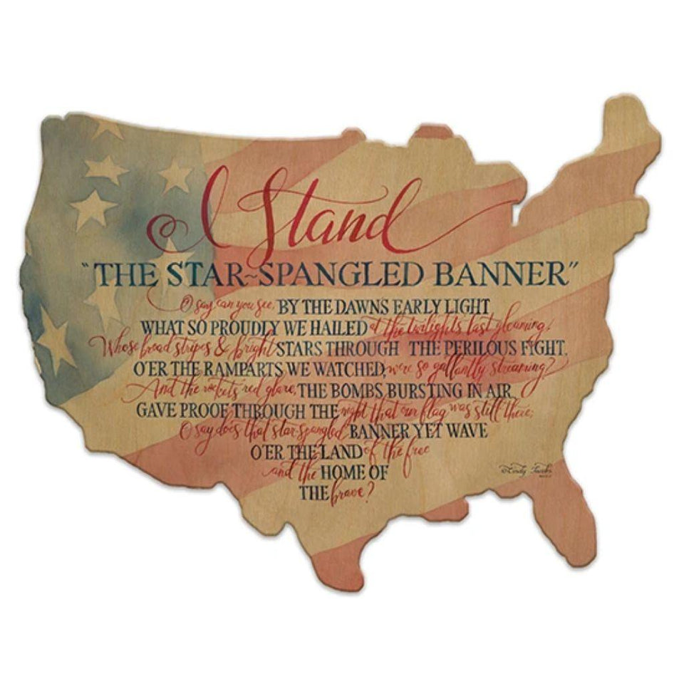 Star Spangled Banner - I Stand - USA Flag Wood Cutout Map - Military Republic