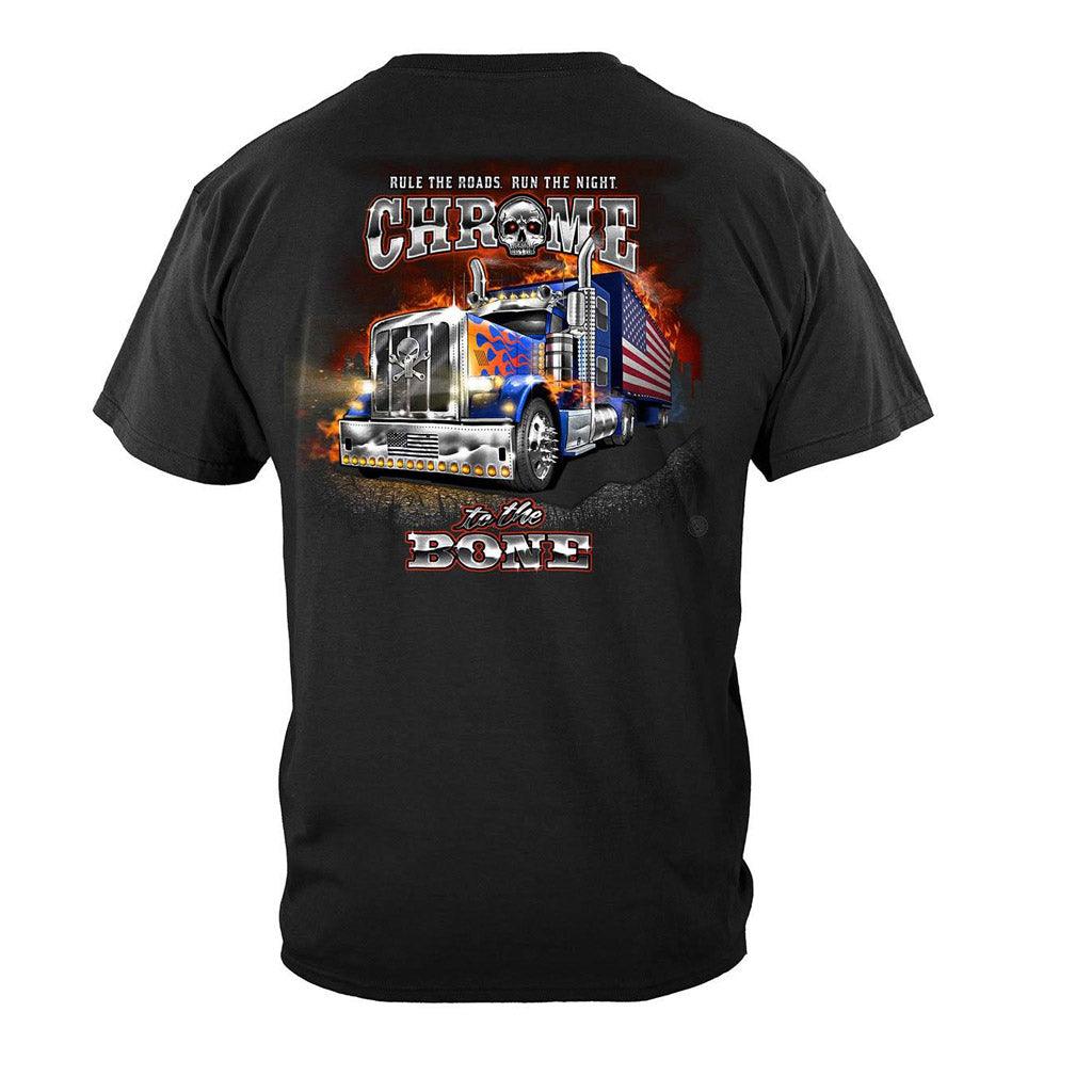 Chrome to The Bone -Rule the Road American Night Train Trucker T-shirt - Military Republic
