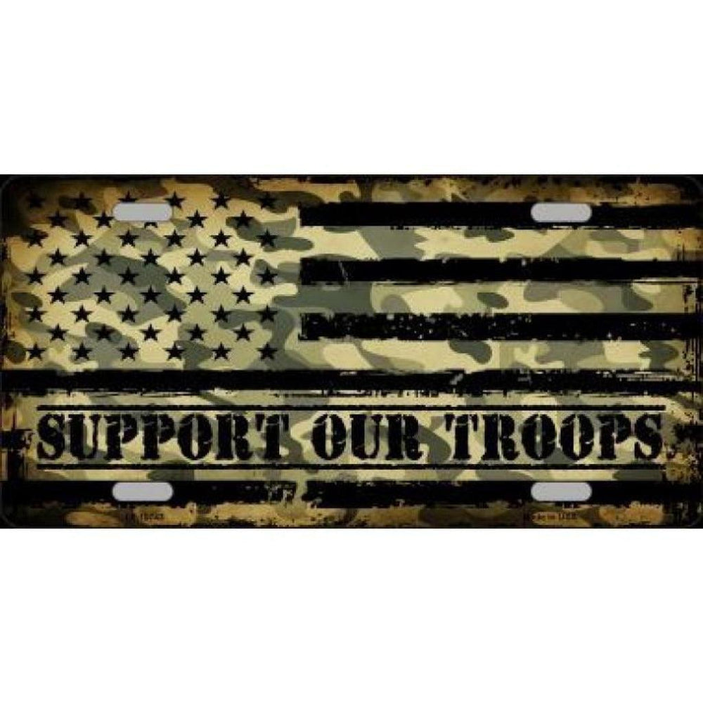 Camo American Flag Support Troops Metal License Plate - Military Republic