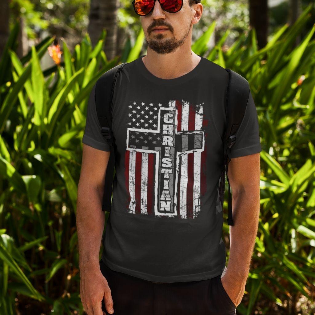 Christian Cross and USA Flag T-shirt - Military Republic