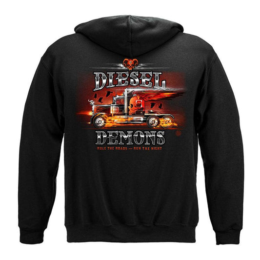 Diesel Demon Rule the Roads Run the Night Trucker Hoodie - Military Republic