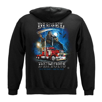 Diesel Demons Rule the Road Run the Night Trucker Reaper Hoodie - Military Republic