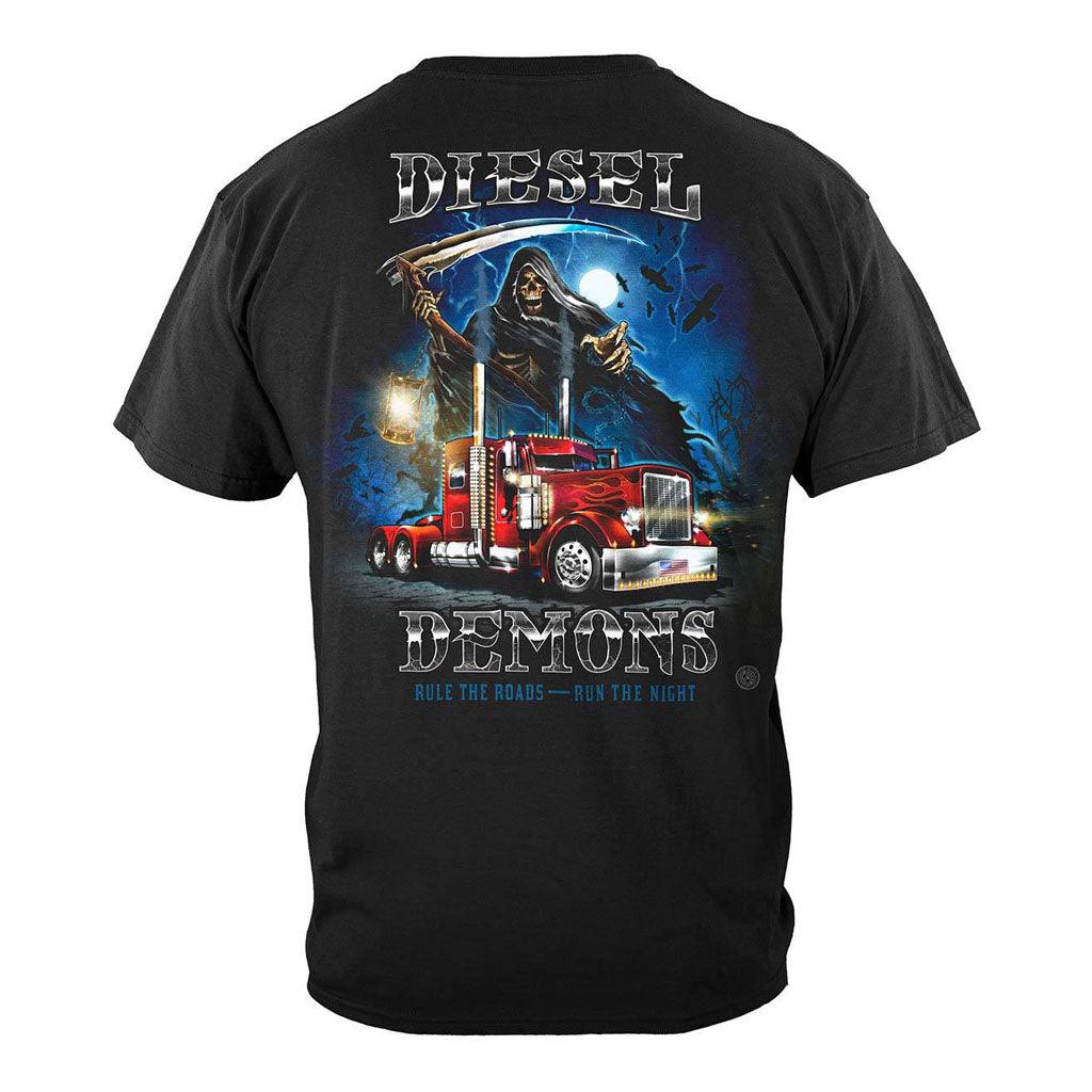 Diesel Demons Rule the Road Run the Night Trucker Reaper T-shirt - Military Republic