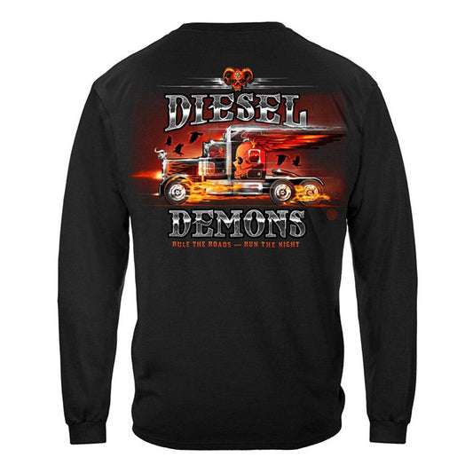 Diesel Demons Truck on Fire Chrome to the Bone Trucker Long Sleeves - Military Republic
