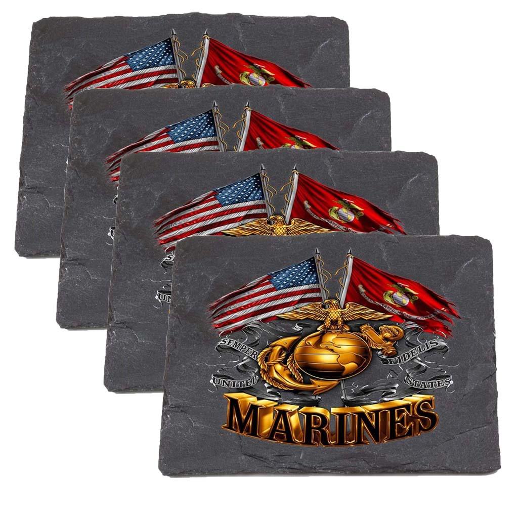 Double Flag Gold Glob Marine Corps Coaster Black - Military Republic
