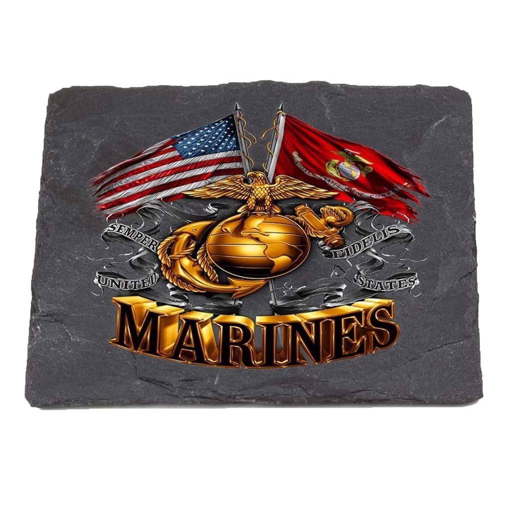 Double Flag Gold Glob Marine Corps Coaster Black - Military Republic