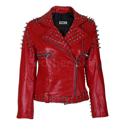 Fiery Red Women's Studded Jacket with Spikes and Wide Collar - Military Republic