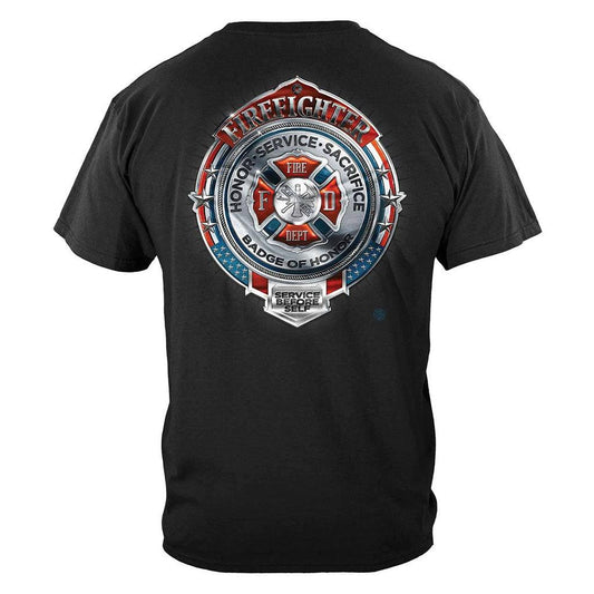 United States Fire Honor Service Sacrifice Chrome Badge Premium T-Shirt - Military Republic