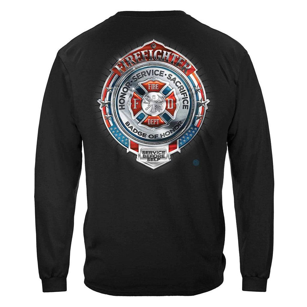 United States Fire Honor Service Sacrifice Chrome Badge Premium T-Shirt - Military Republic