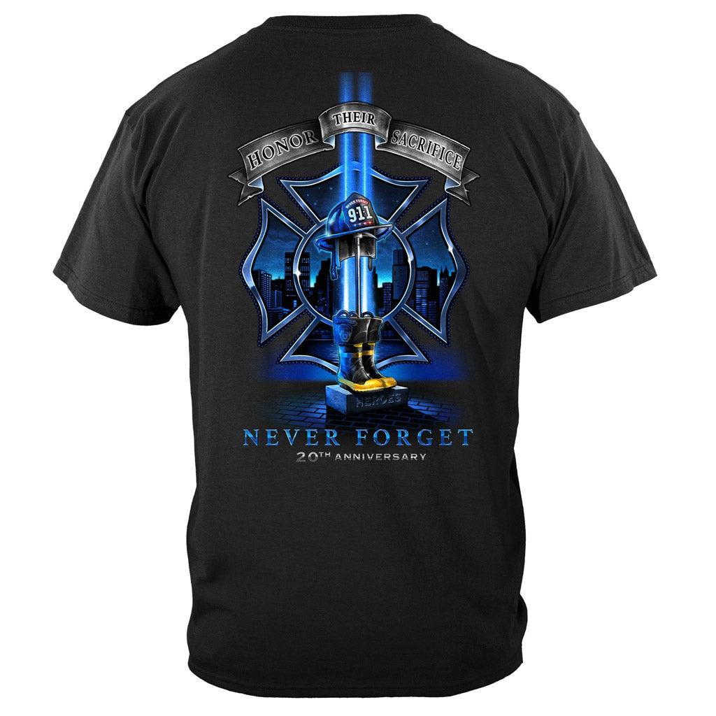 United States Firefighter 9-11 20 Year Never Forget Soldier Cross T-Shirt - Military Republic