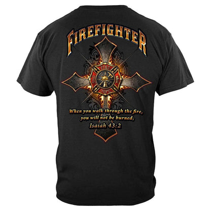 United States Firefighter Cross Walk Through the Fire Isaiah 43: 2 Premium T-Shirt - Military Republic