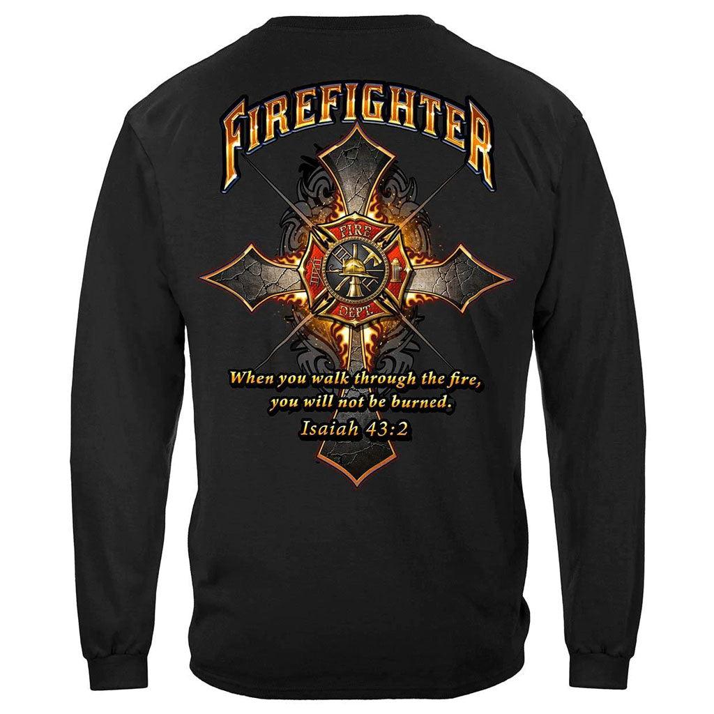 United States Firefighter Cross Walk Through the Fire Isaiah 43: 2 Premium T-Shirt - Military Republic