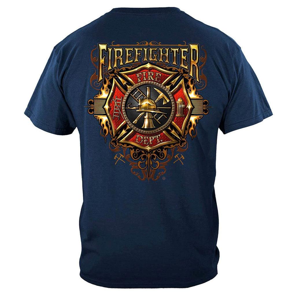 United States Firefighter Flames Gold Shield Premium T-Shirt - Military Republic