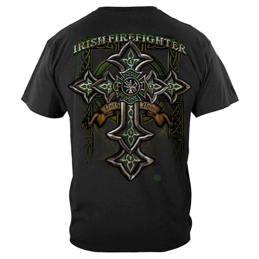 United States Firefighter Irish Celtic Cross Green Foil Premium T-Shirt - Military Republic