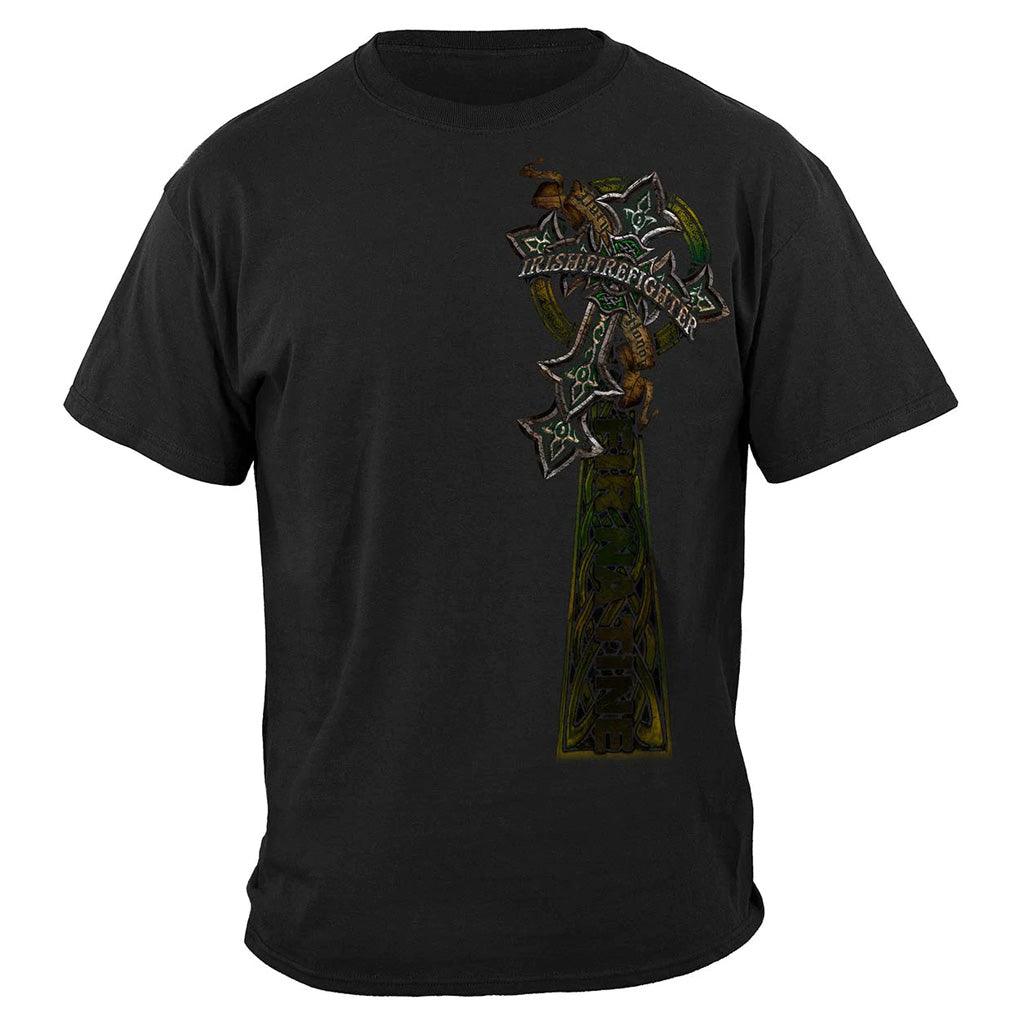 United States Firefighter Irish Celtic Cross Green Foil Premium T-Shirt - Military Republic