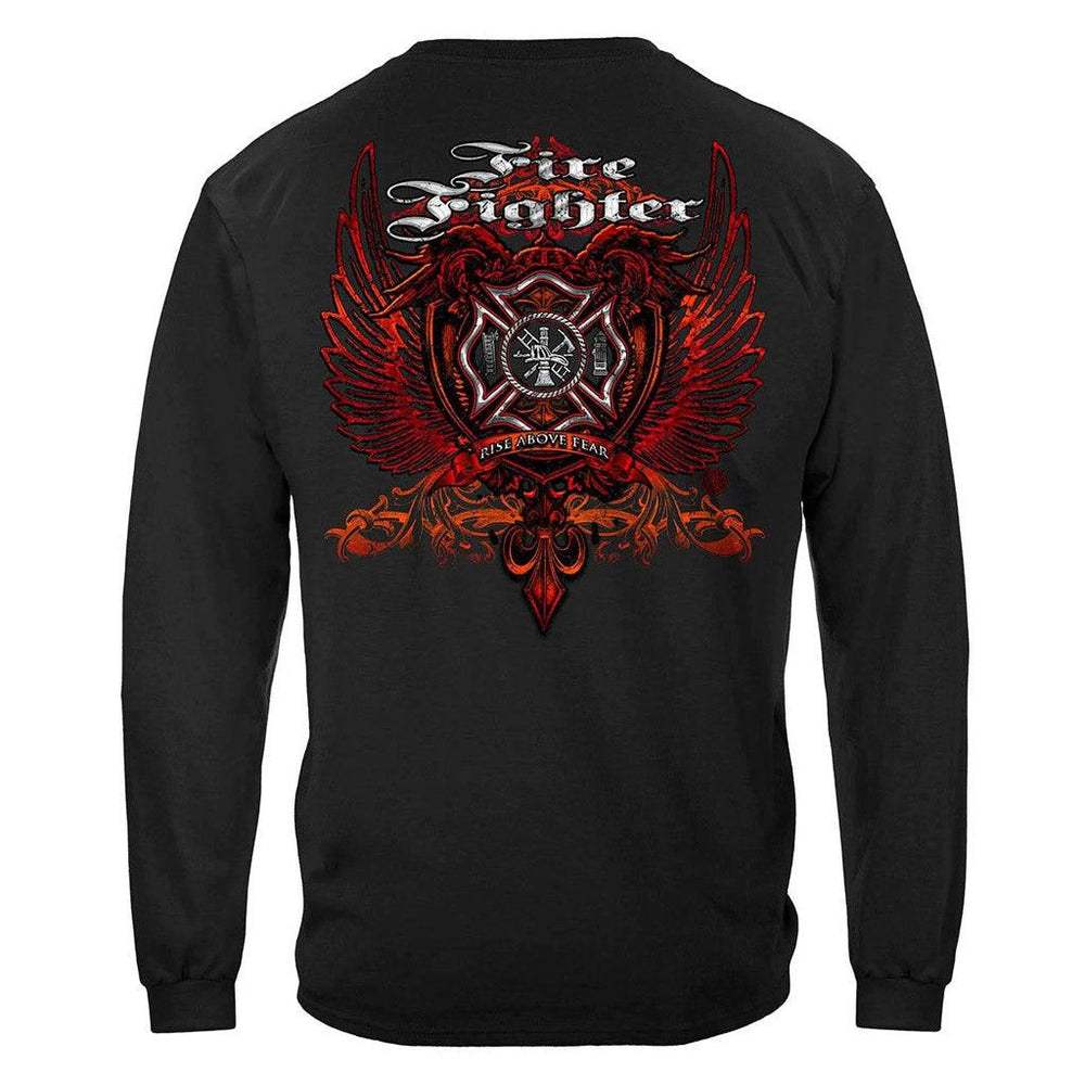 United States Firefighter Red Wings Rise Above Fear Silver Foil Premium Long Sleeve - Military Republic