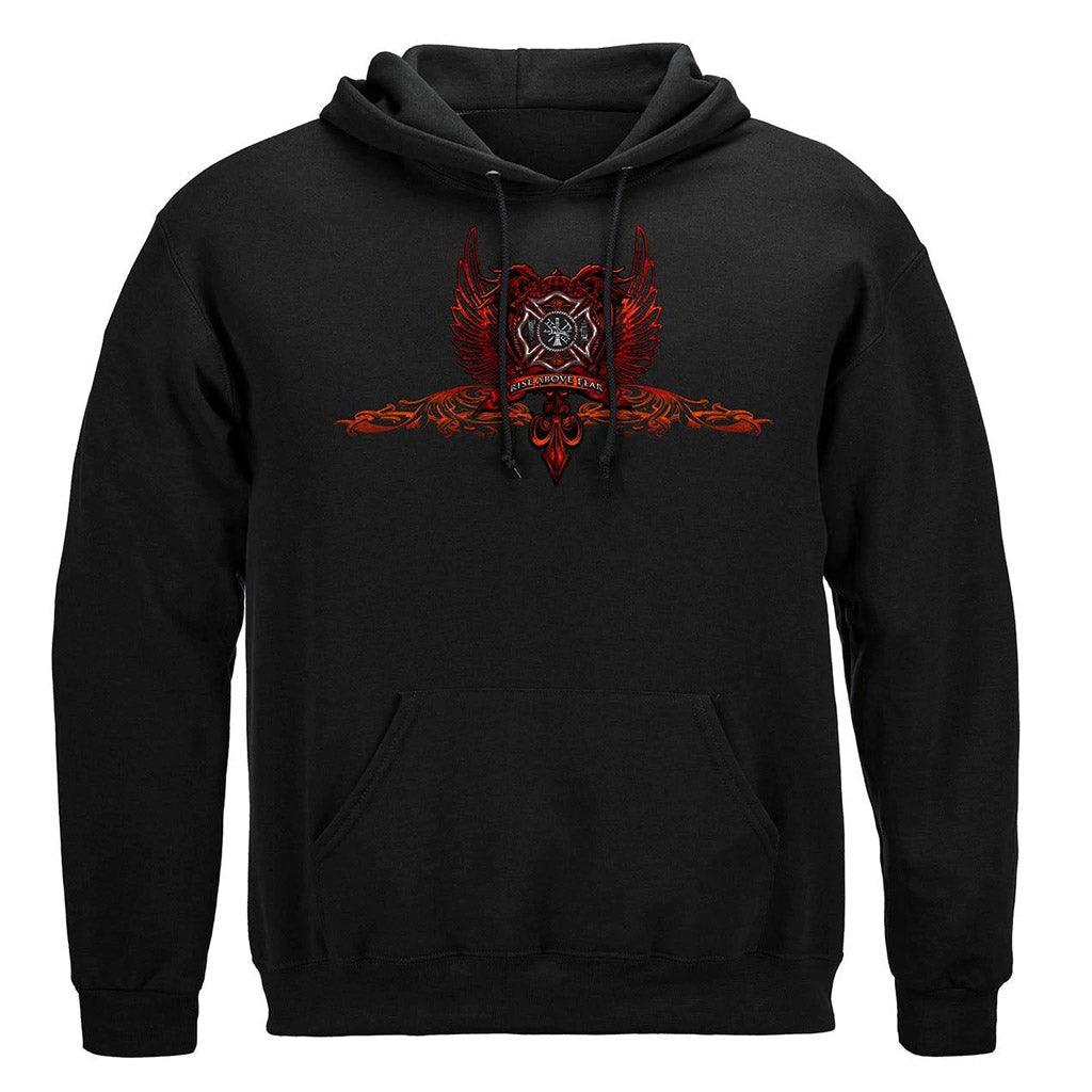 United States Firefighter Red Wings Rise Above Fear Silver Foil Premium Hoodie - Military Republic