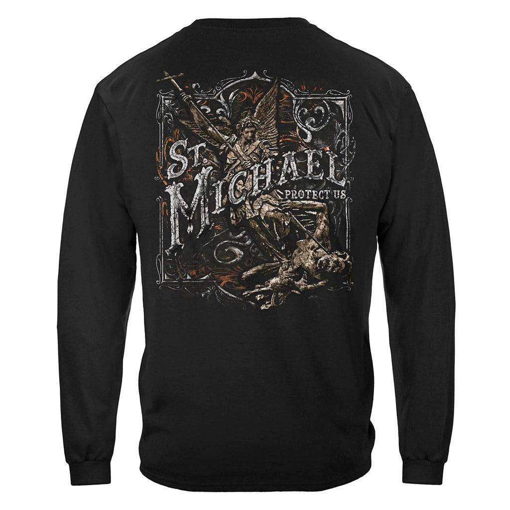 United States Firefighter St. Michael's Protect Us Silver Foil Premium T-Shirt - Military Republic