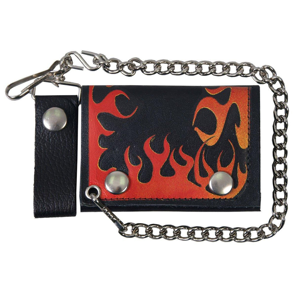 Flame Tri Fold Genuine Leather Wallet With Chain - Military Republic