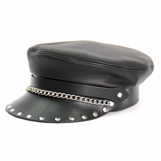 Genuine Leather Flat Top Biker Cap With Rivets - Military Republic