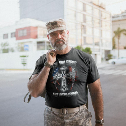 God Bless The Deployed Cross Wings & USA Flag T-shirt - Military Republic