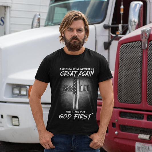 Put God First America Cross & Flag T-shirt - Military Republic