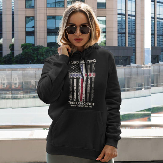 I Can Do All Things Through Christ USA Flag & Cross Unisex Hoodie - Military Republic