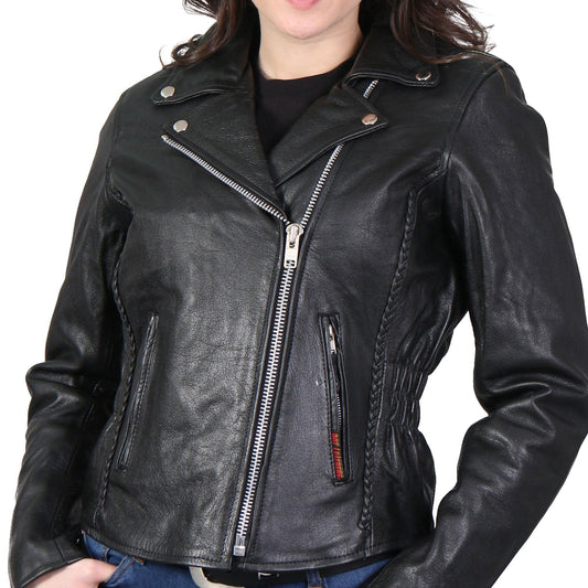 Ladies Black Braided Motorcycle Leather Jacket - Military Republic