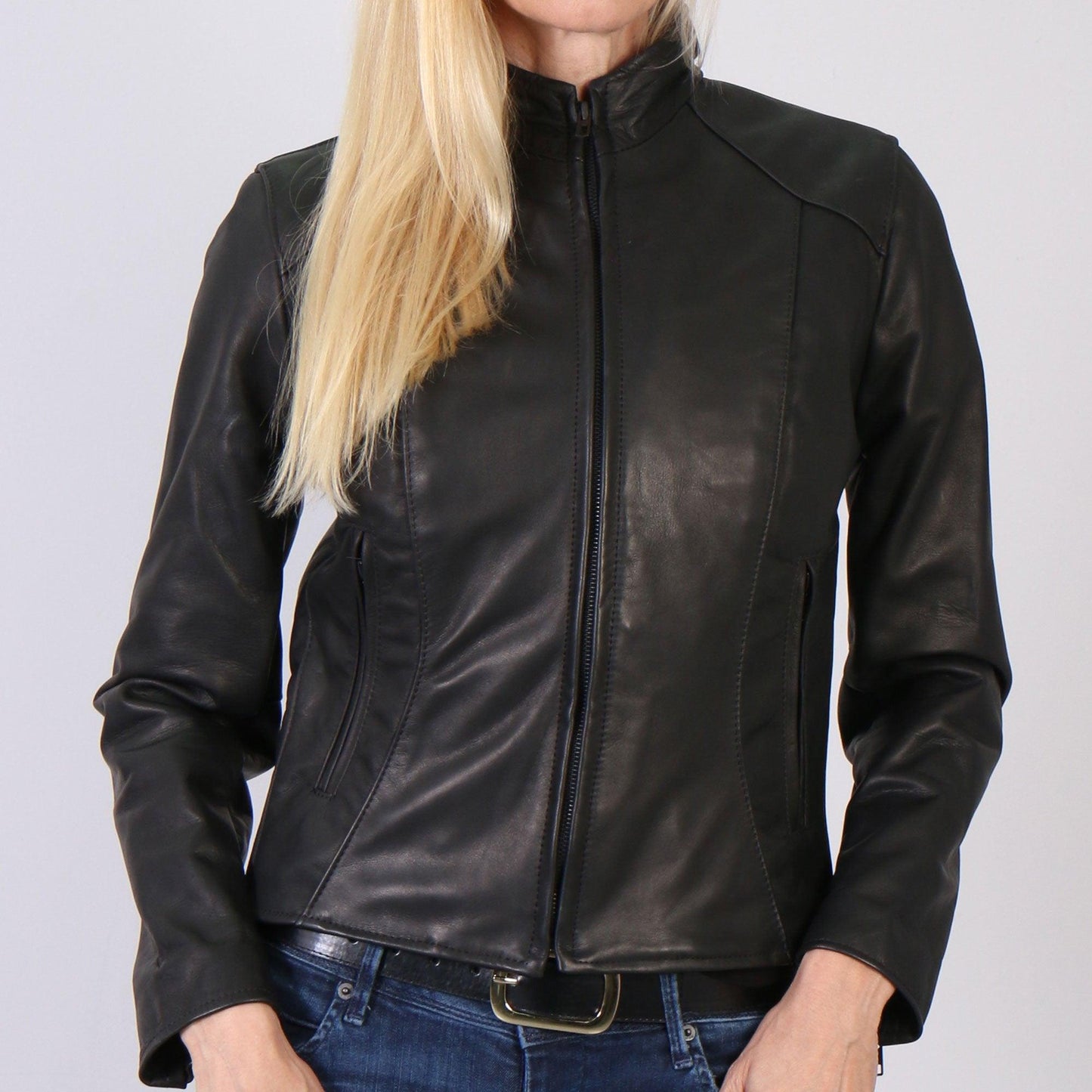 USA Made Ladies Clean Cut Biker Leather Jacket - Military Republic