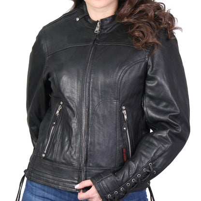 Ladies Lace Up Sleeves Leather Jacket - Military Republic