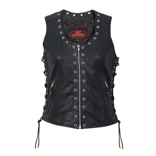 Ladies Black Naked Hot Leathers Leather Biker Vest - Military Republic