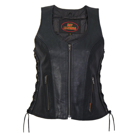 Ladies Side Lace Zip Up Hot Leathers Leather Vest - Military Republic