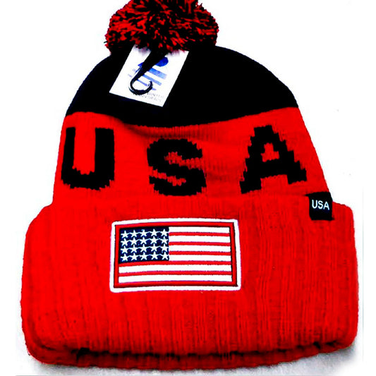 Large USA Font with USA Flag Stars Pom Pom Beanie