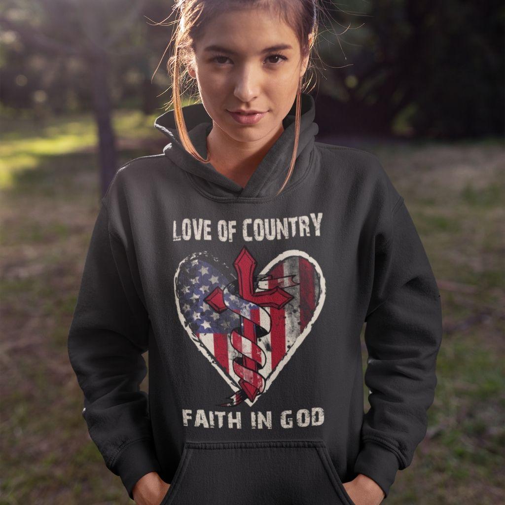 Love of Country Faith in God Cross & USA Flag Unisex Hoodie - Military Republic