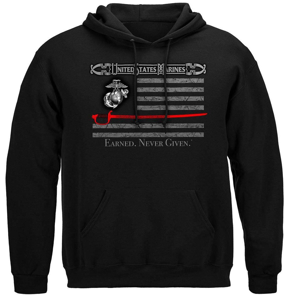 Marine Corps USMC Thin Red Line American Flag Earned Never Given Premium Hoodie - Military Republic
