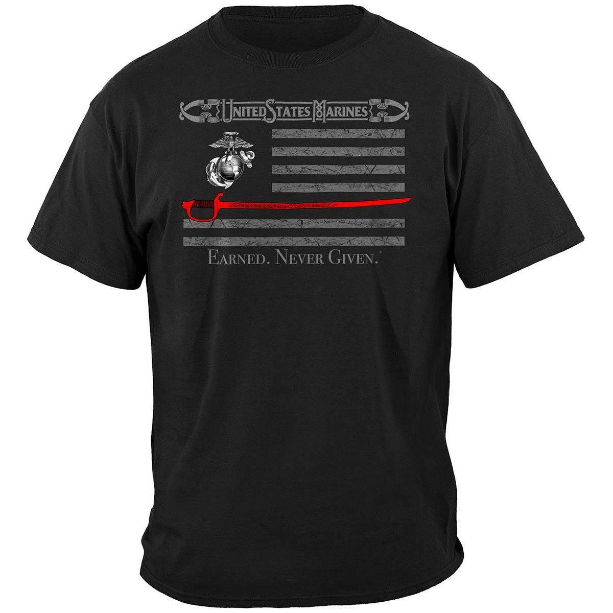 Marine Corps USMC Thin Red Line American Flag Earned Never Given Premium T-Shirt - Military Republic
