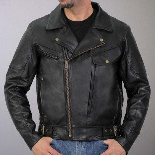 Men’s Leather Side Belt Biker Leather Jacket - Military Republic