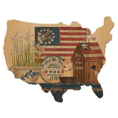 Old Glory In God We Trust USA Map Wood Cutout - Military Republic