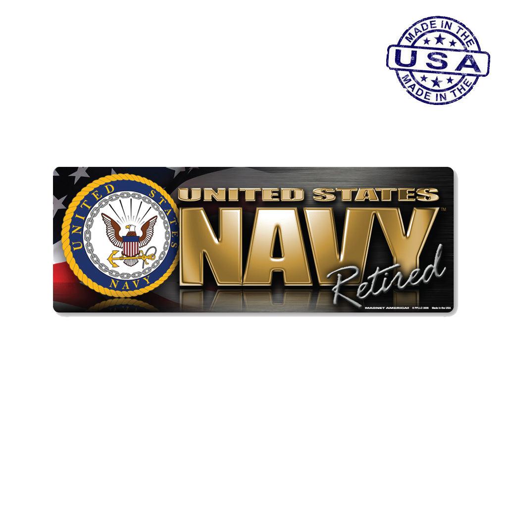 United States Navy Retired Chrome Bumper Strip Magnet (7.75" x 2.88") - Military Republic