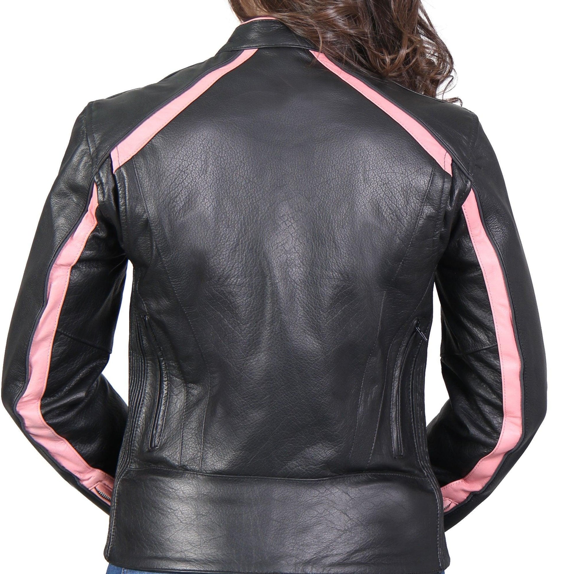 Ladies Pink Striped Leather Jacket With Reflective Piping - Military Republic