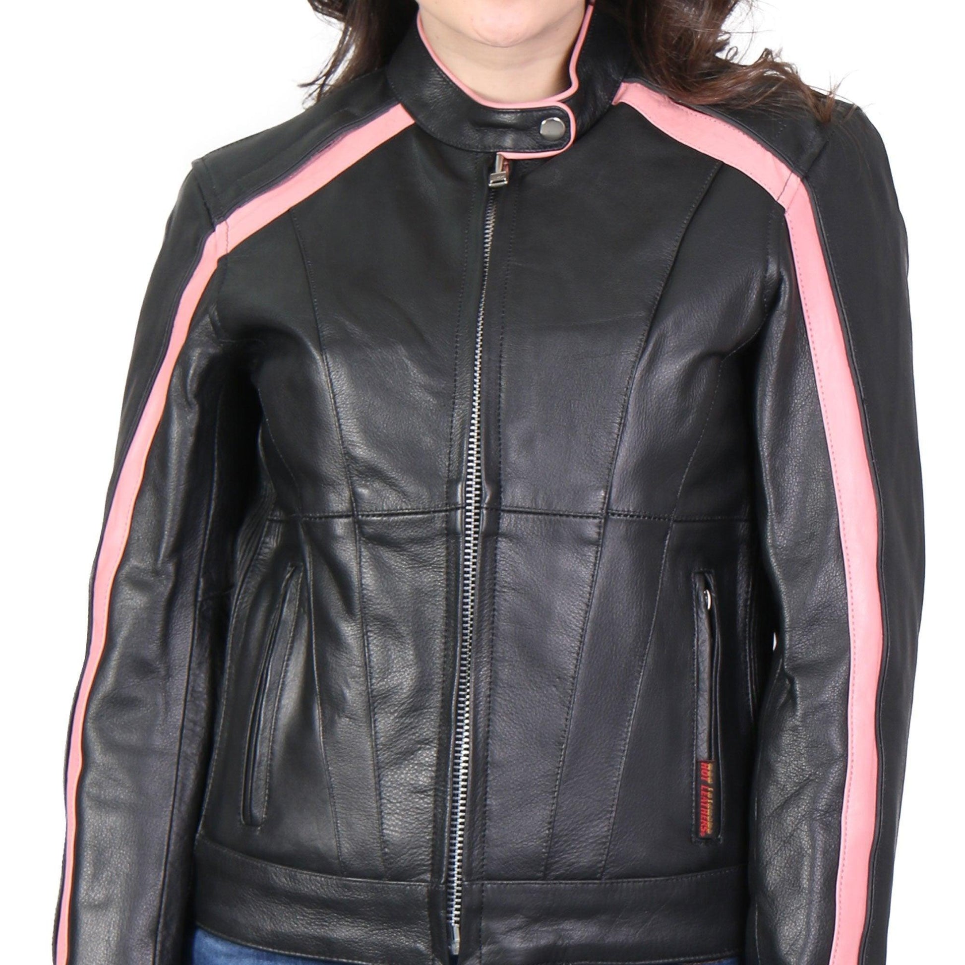 Ladies Pink Striped Leather Jacket With Reflective Piping - Military Republic