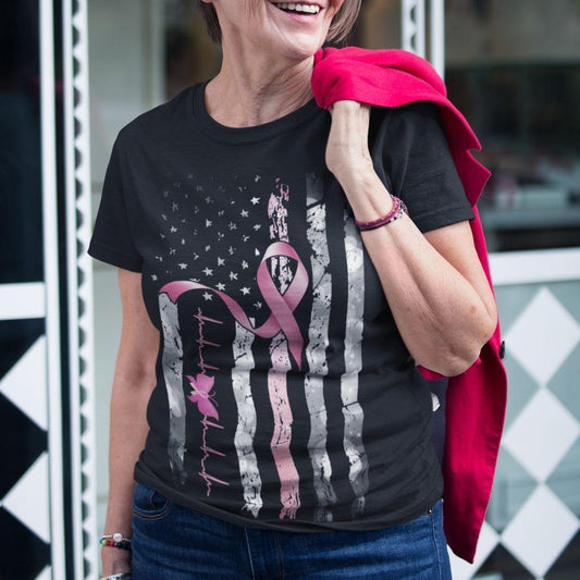 Pink Ribbon Breast Cancer  Flag  T-shirt - Military Republic