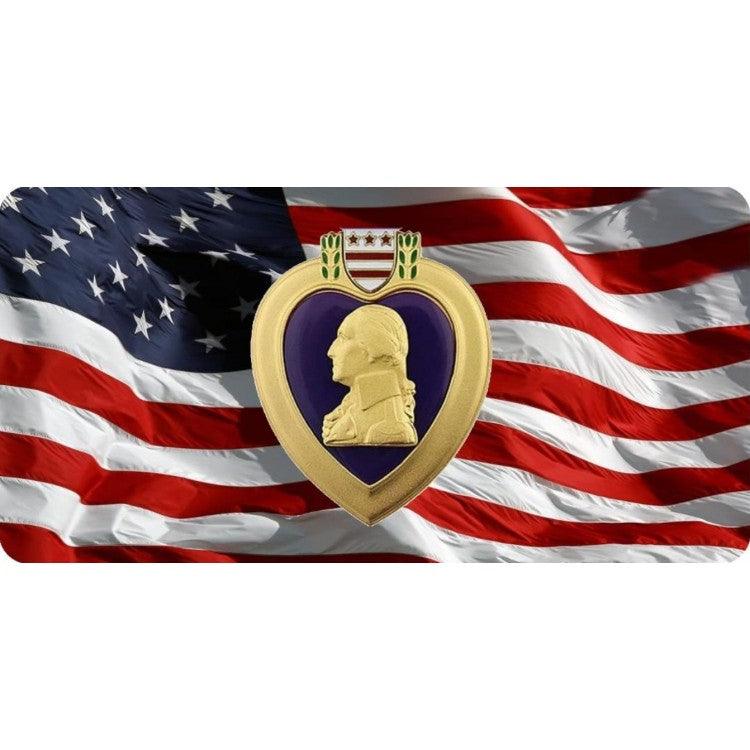 Purple Heart On Wavy American Flag Photo License Plate - Military Republic