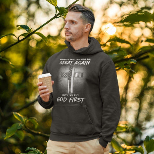 Put God First America Cross & Flag Unisex Hoodie - Military Republic