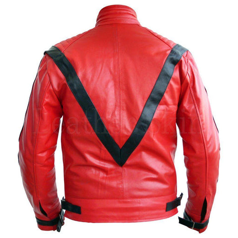 Red Genuine Leather Thriller Jacket with Black V Stripes - Military Republic