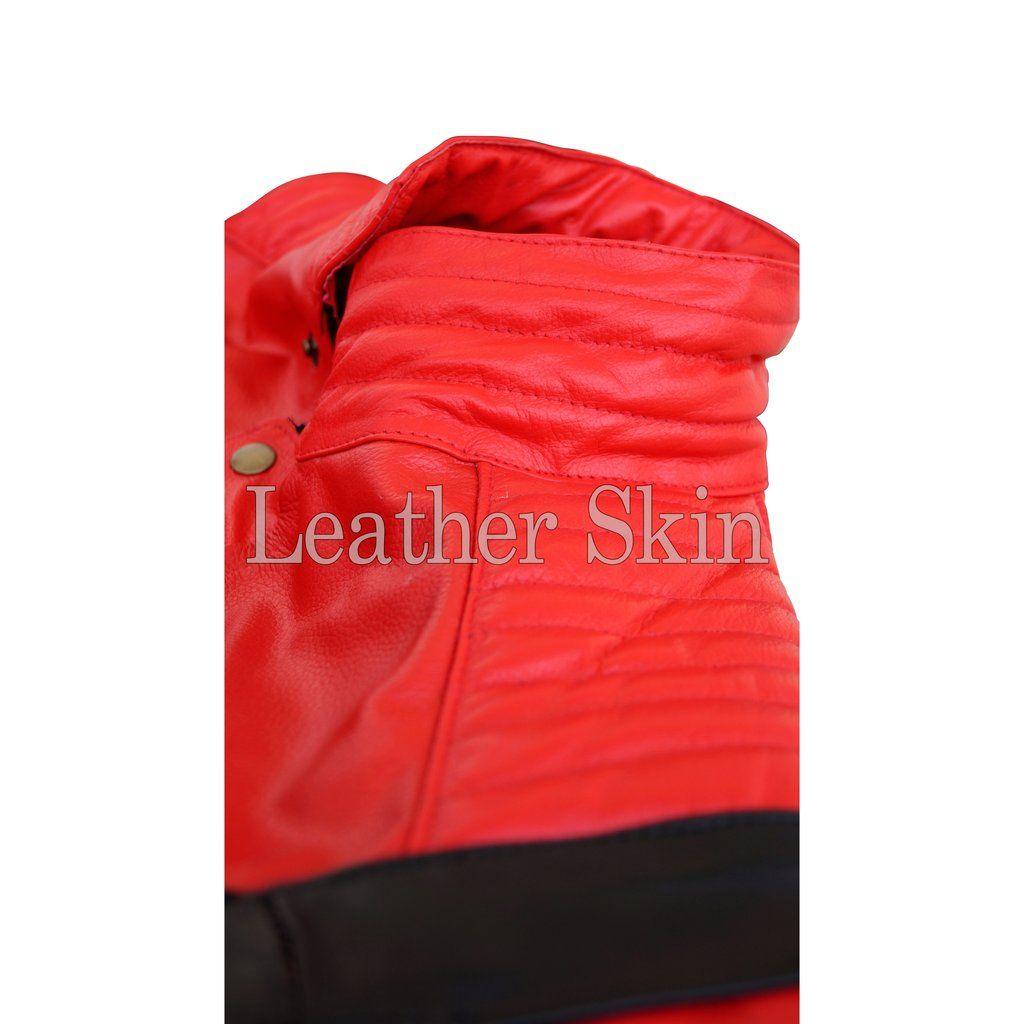 Red Genuine Leather Thriller Jacket with Black V Stripes - Military Republic